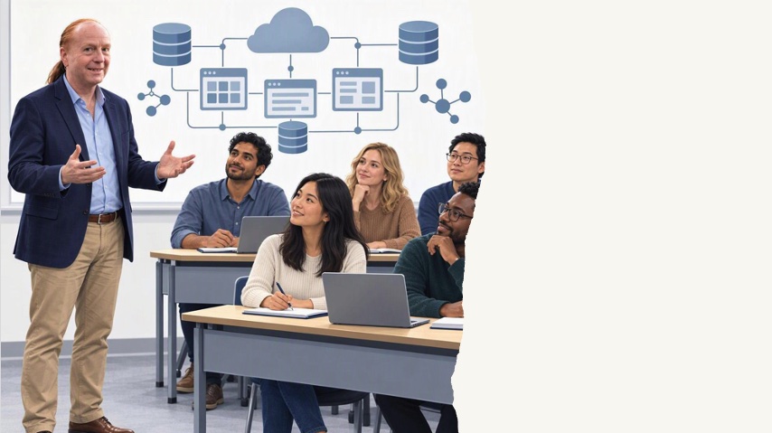 Pat Shepherd teaching a classroom of students in front of a cloud and data architecture diagram